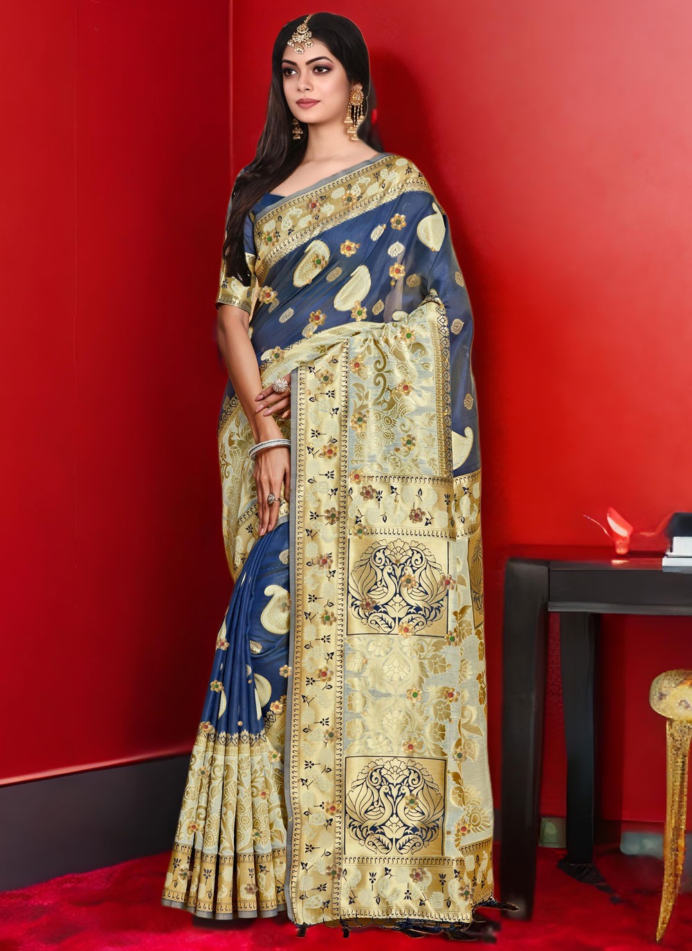 Fancy Work Kanjivaram Silk Navy Blue Contemporary Saree S15546