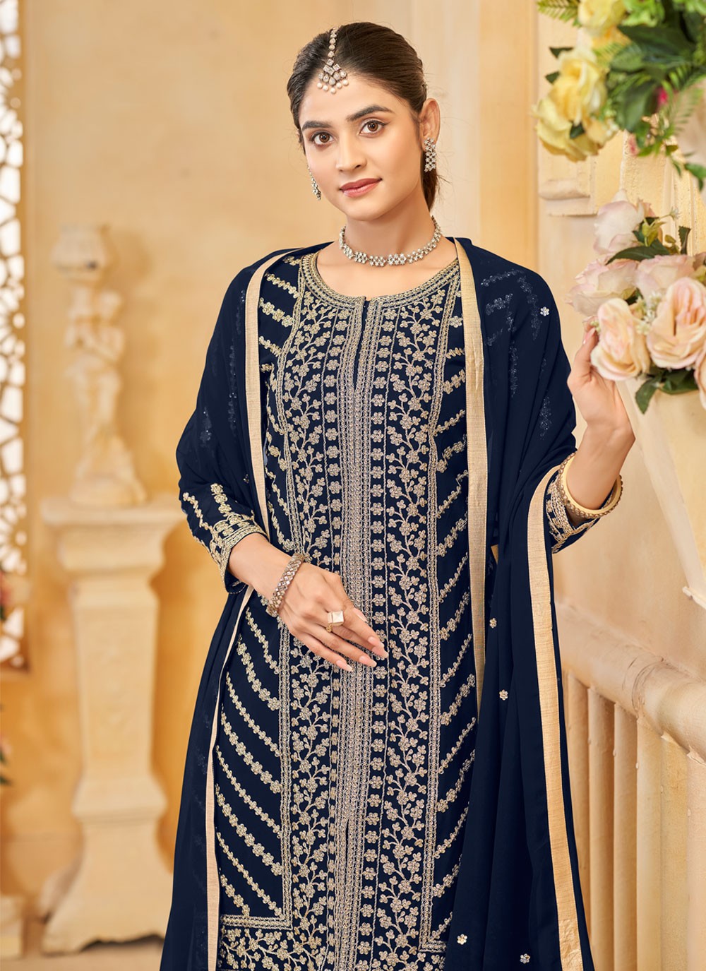 Embroidered Faux Georgette Navy Blue Salwar Suit T6014