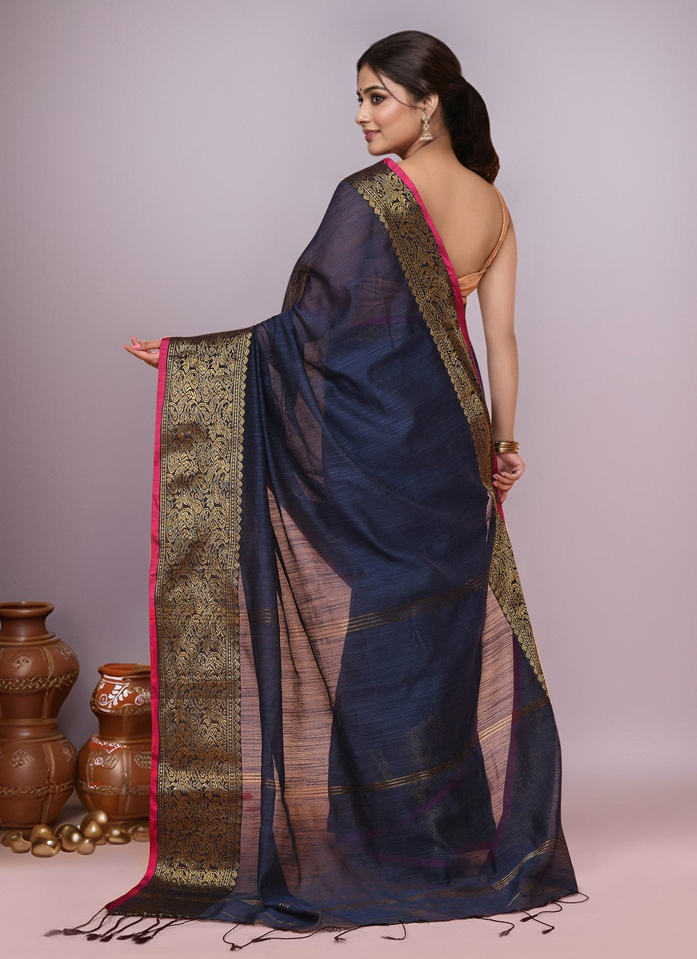 Navy Blue Blended Cotton Classic Saree Border Work S20013