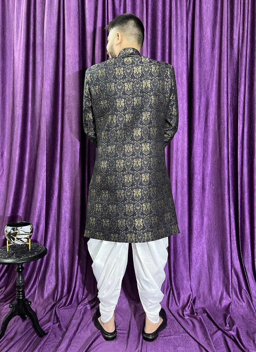 Fancy Work Jacquard Navy Blue Indo Western - M5709