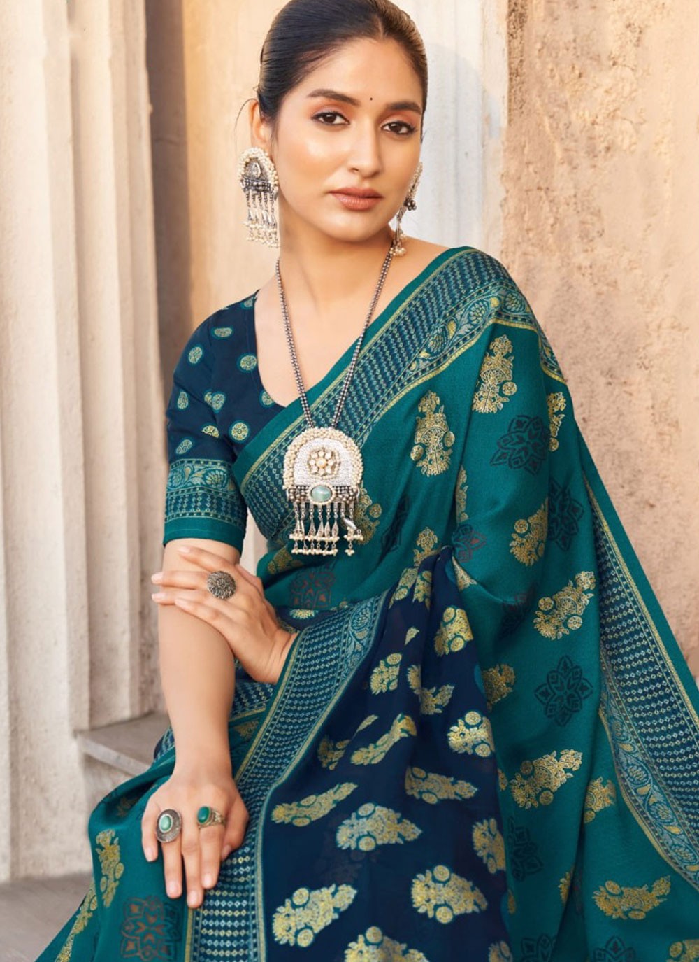 Traditional Printed Navy Blue Georgette Saree S13667