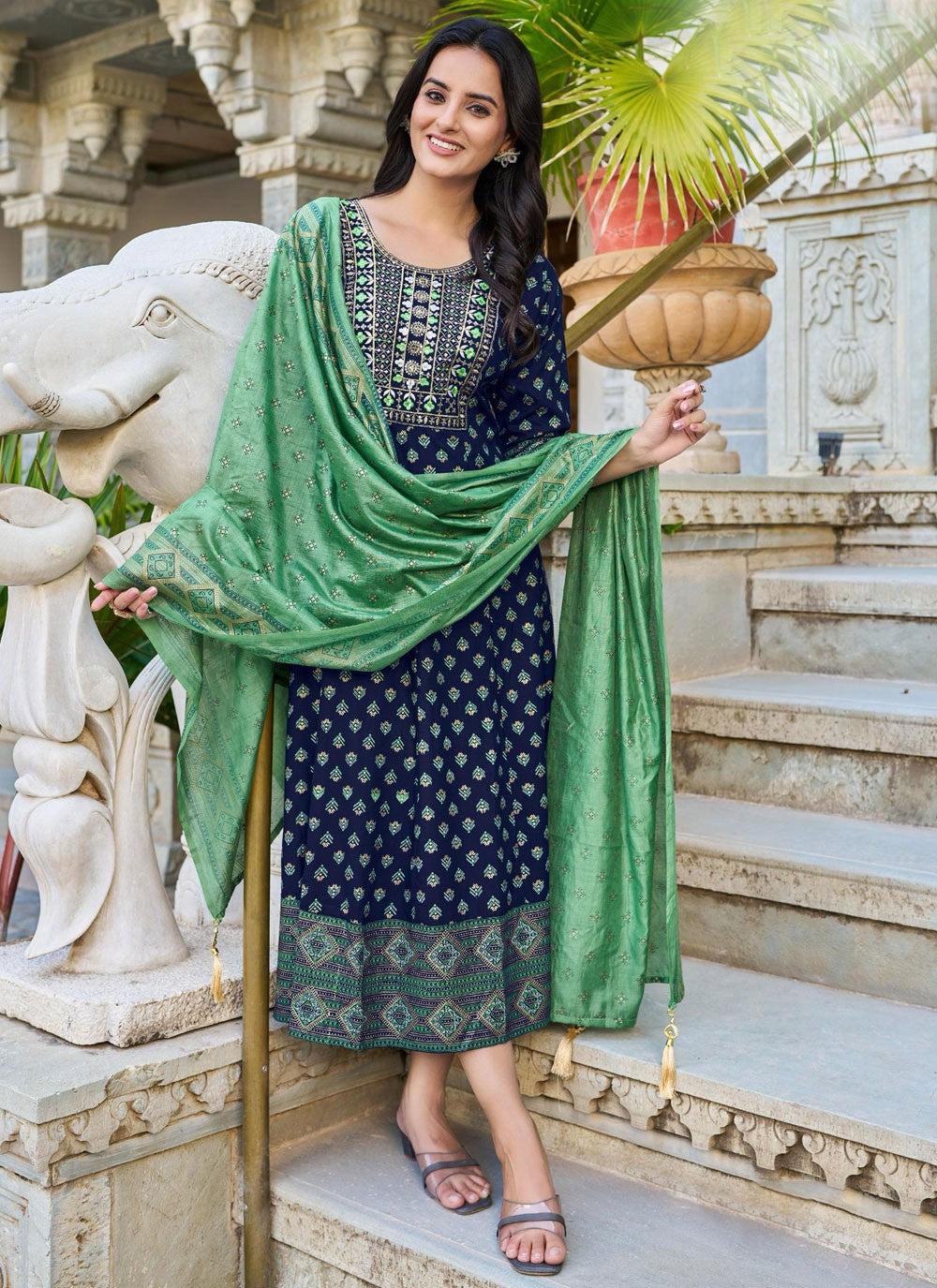 Embroidered Rayon Navy Blue Gown G19832