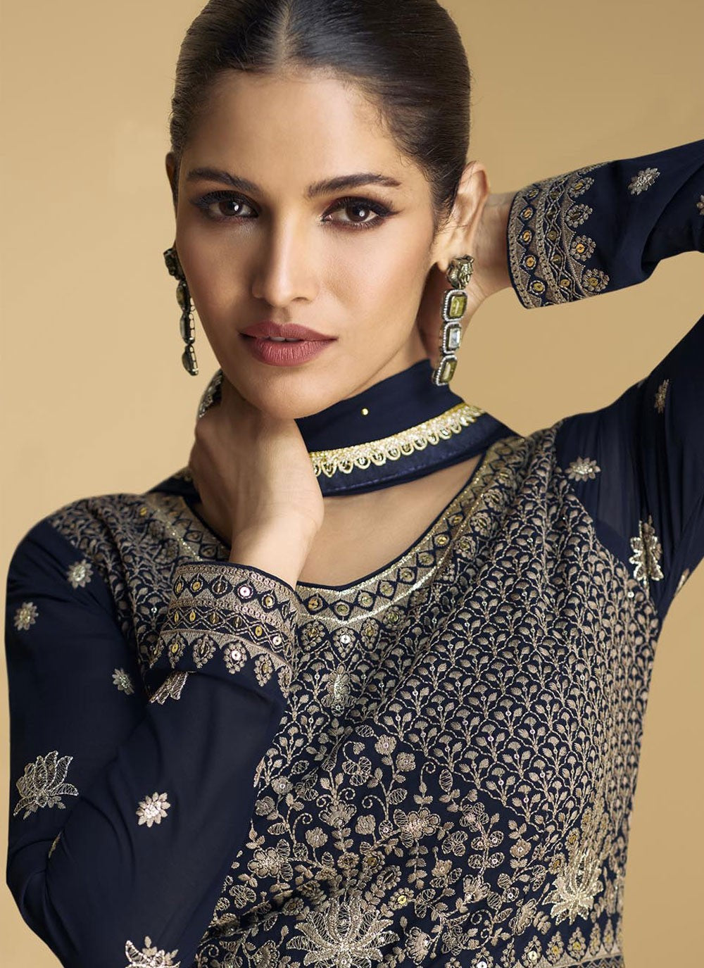 Floor Length Anarkali Embroidered Navy Blue Faux Georgette T5104