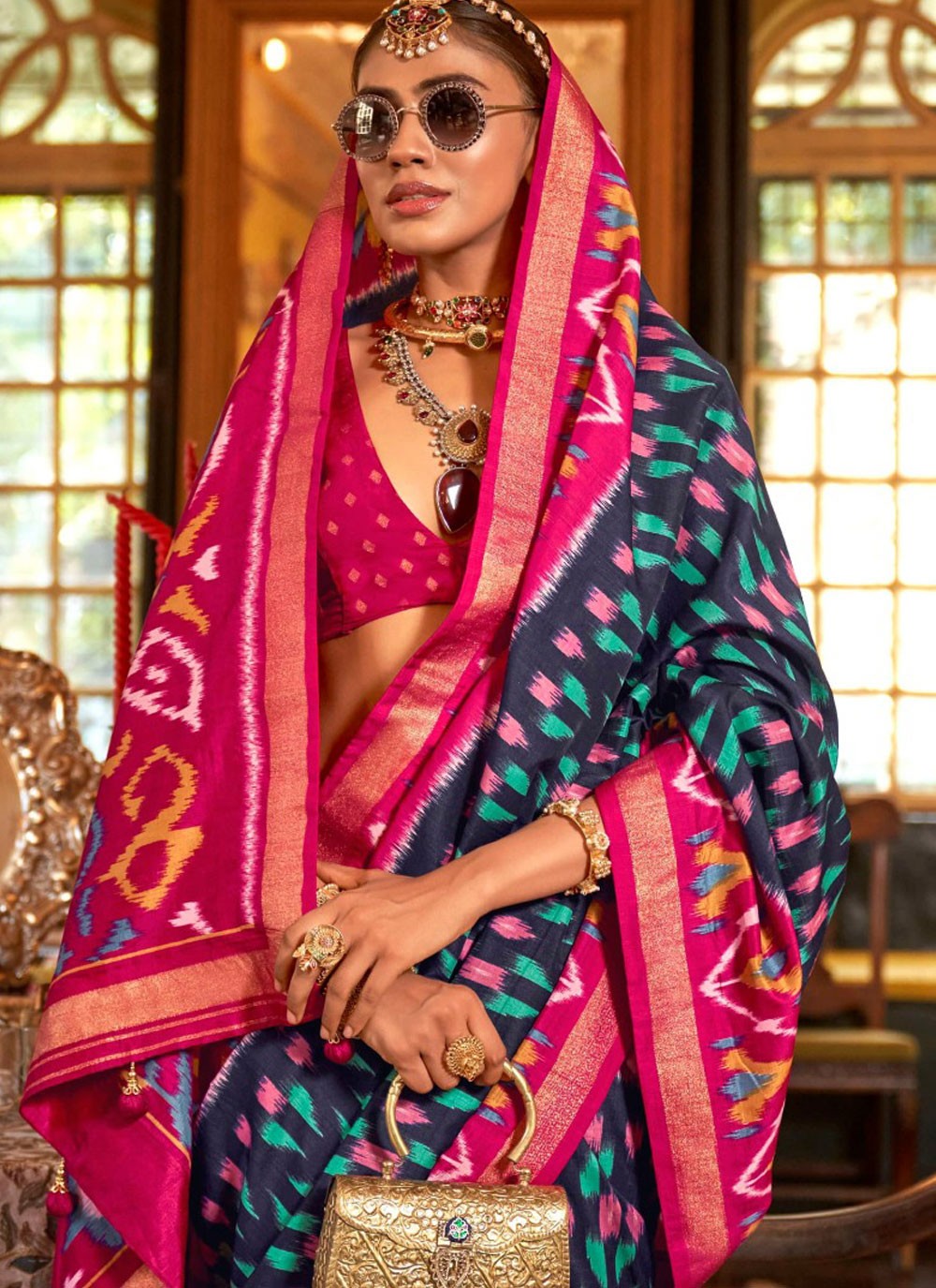 Geometric Print Silk Navy Blue Trendy Saree S14901