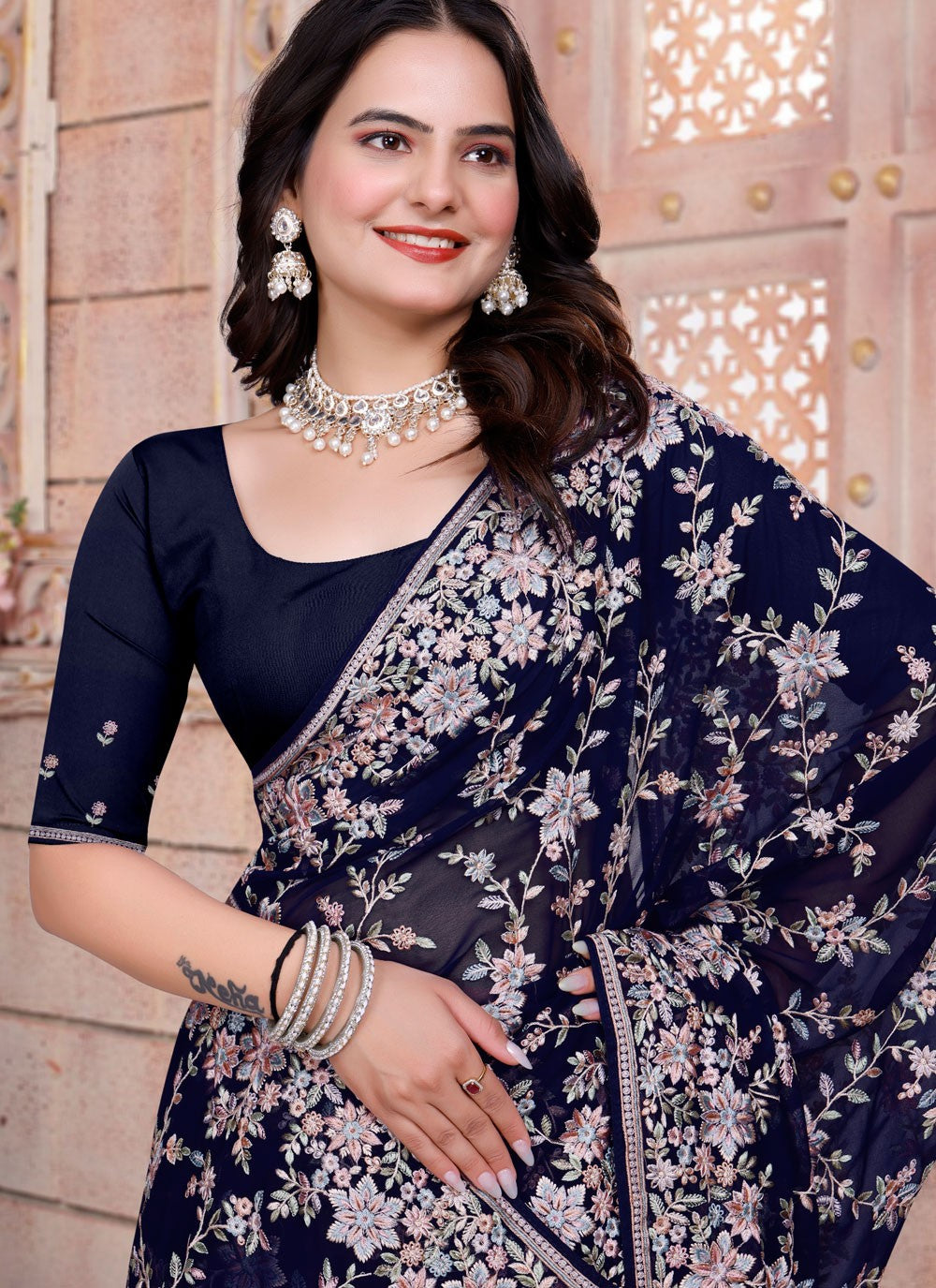 Embroidered Georgette Navy Blue Saree S14835