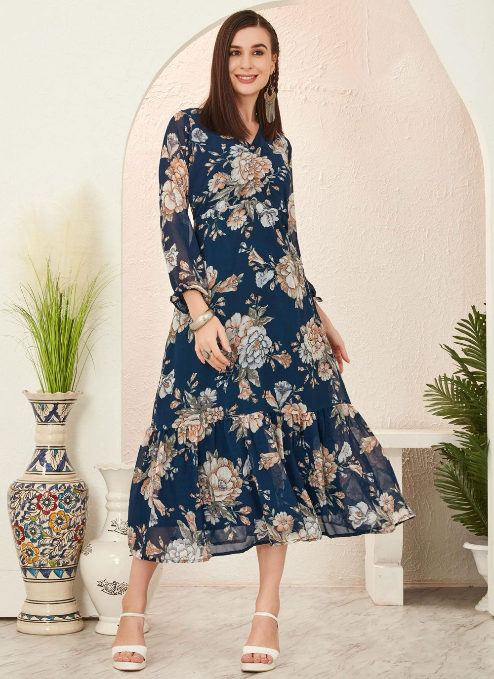 Printed Georgette Navy Blue Gown G19826