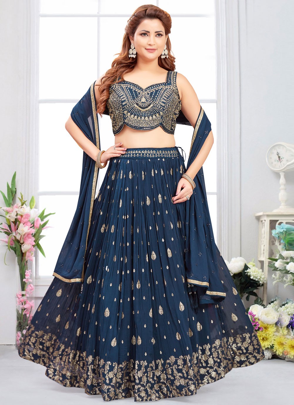 Jacquard Work Georgette Navy Blue Lehenga Choli L3478