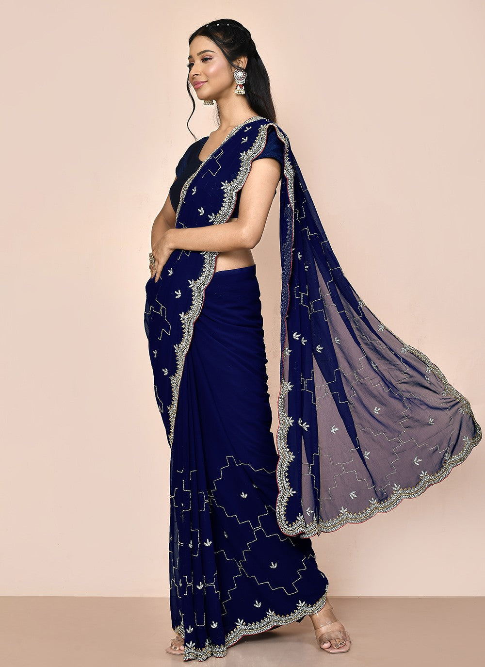 Hand Embroidery Georgette Navy Blue Saree S14363