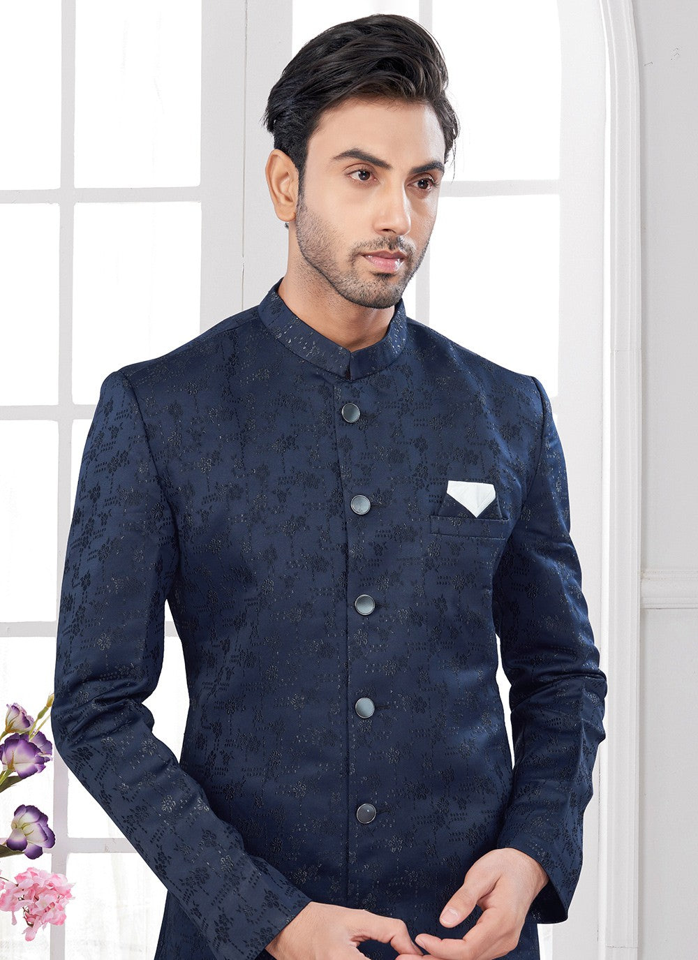 Buttons Imported, Jacquard Navy Blue Indo Western - M8659