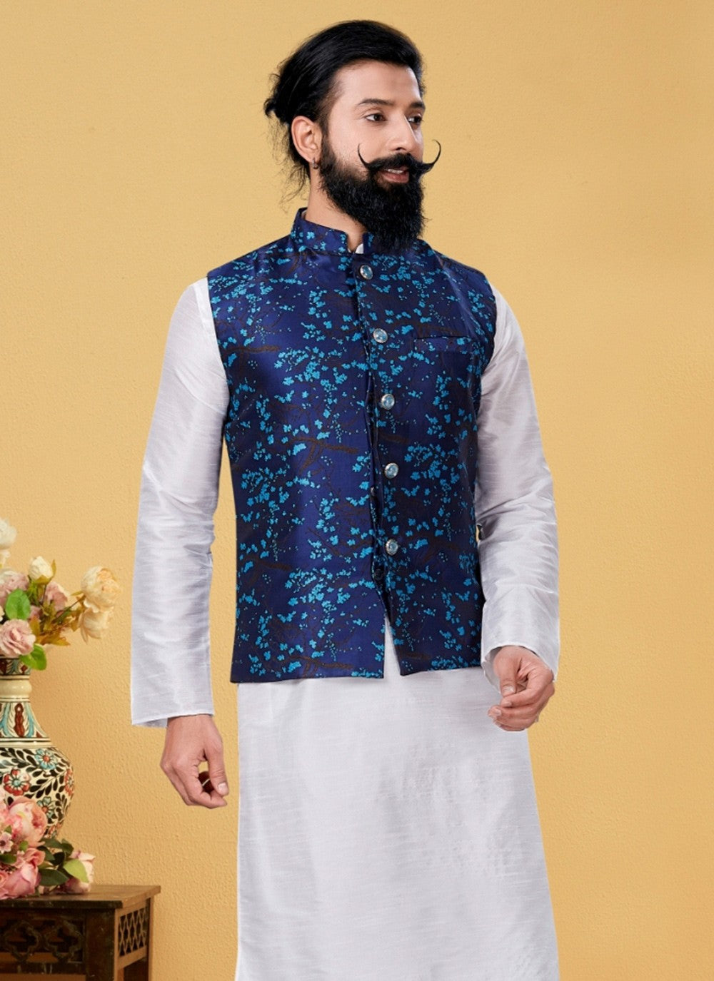 Jacquard Work Jacquard Navy Blue Nehru Jackets - M7369