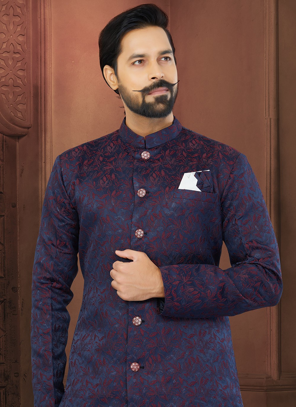 Fancy Work Jacquard Navy Blue Indo Western Sherwani - M5806