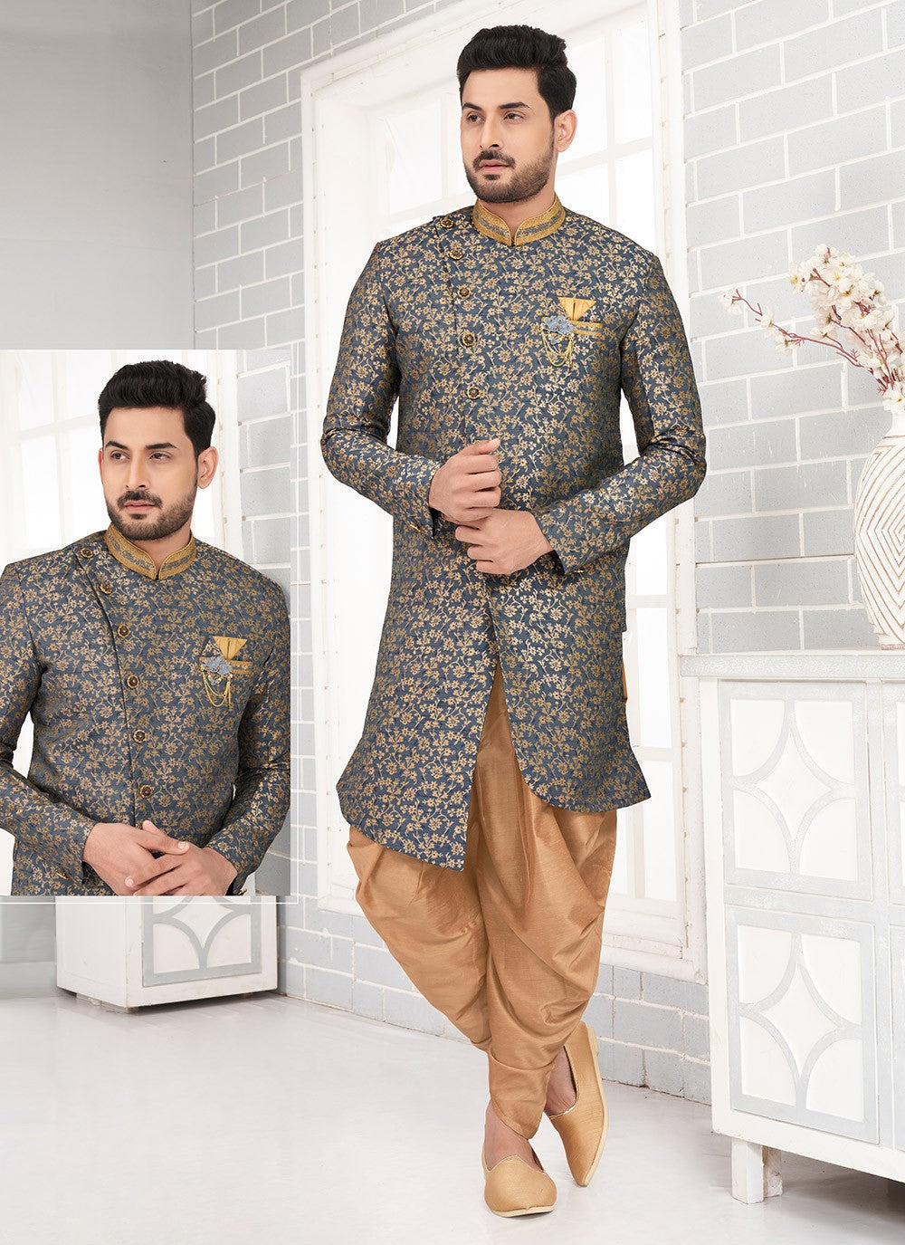 Fancy Work Brocade, Jacquard Silk Navy Blue Indo Western - M6470