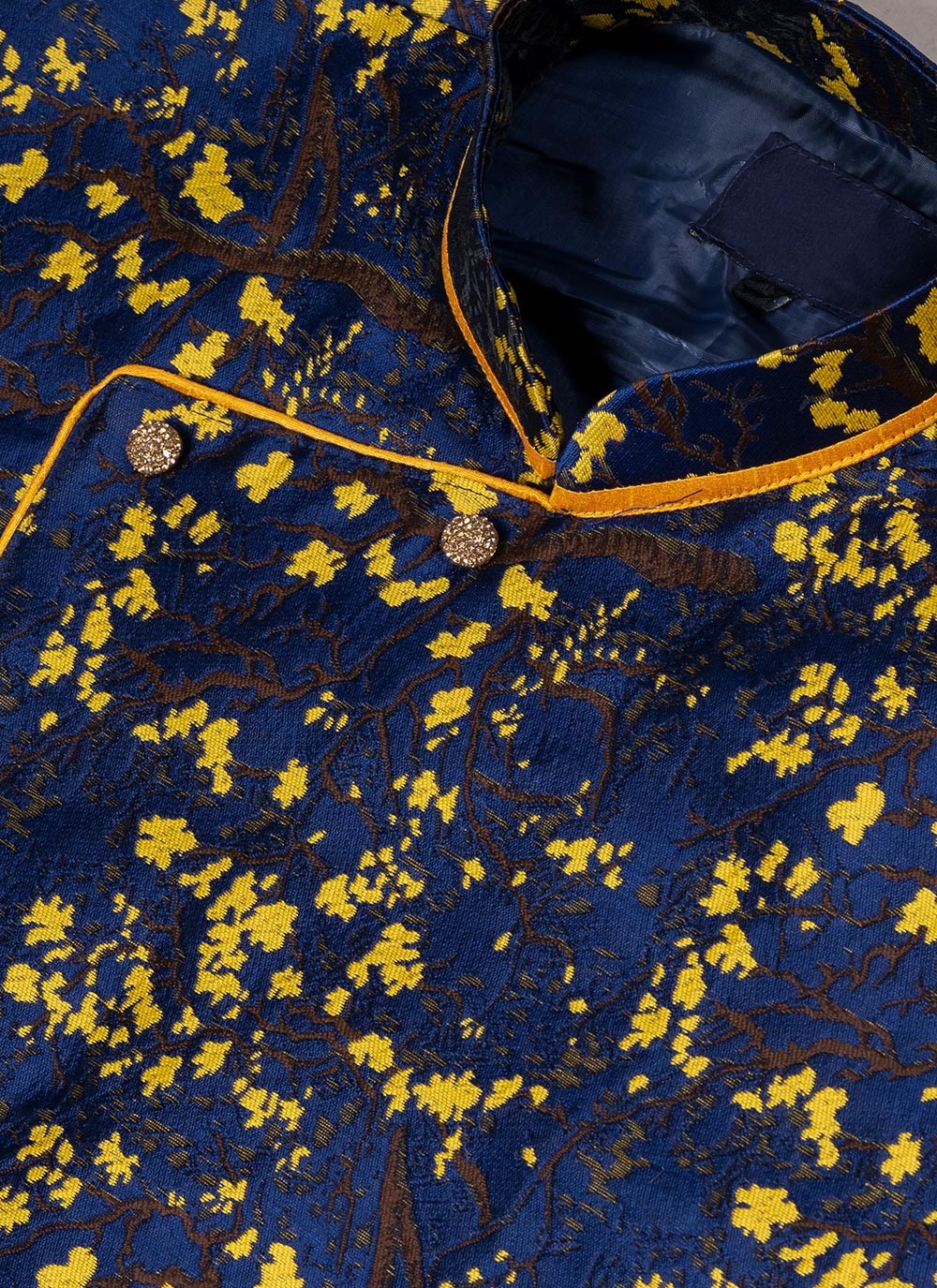Embroidered Jacquard Silk Navy Blue Indo Western - M7045