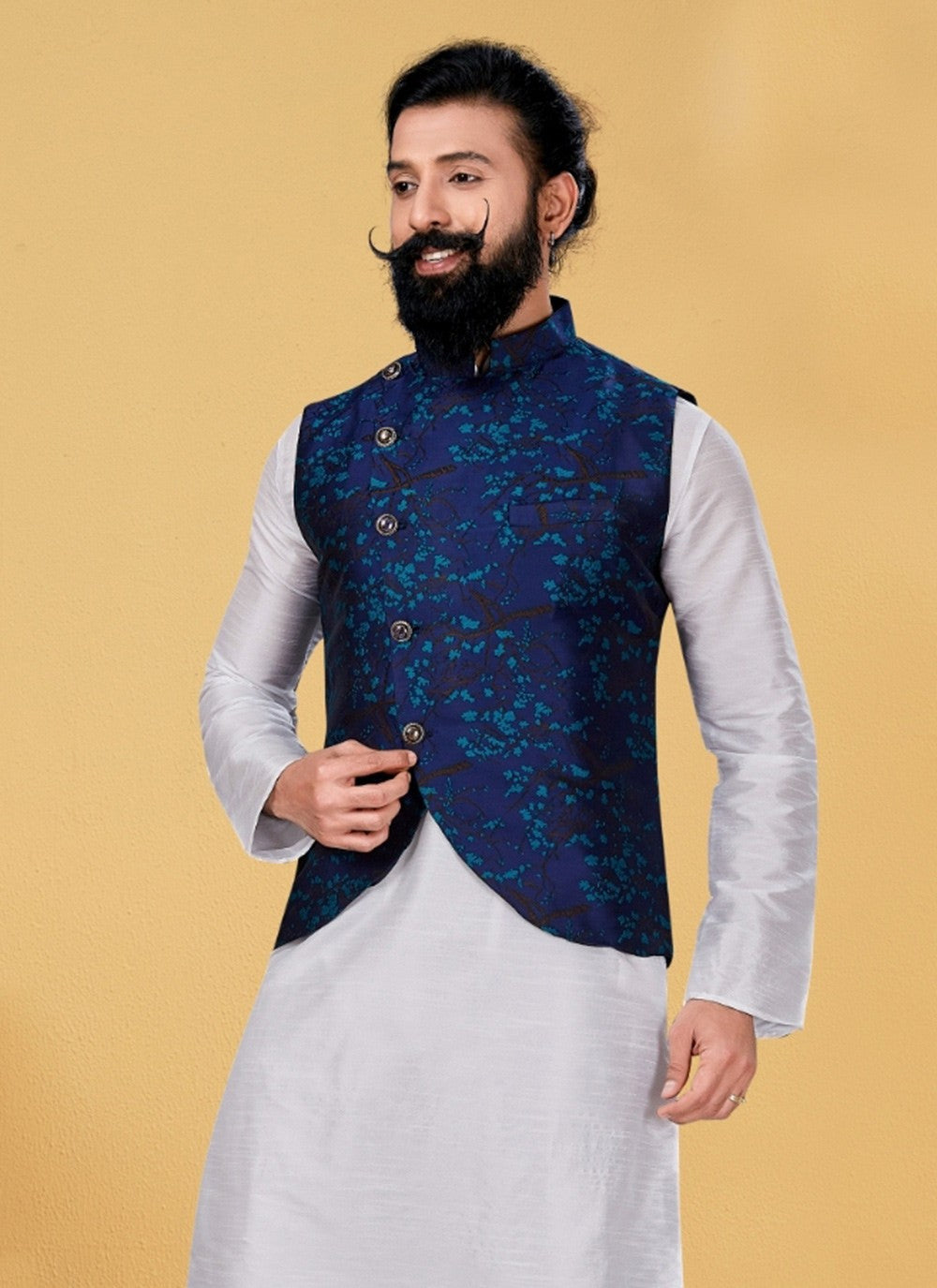 Jacquard Work Jacquard Navy Blue Nehru Jackets - M7367