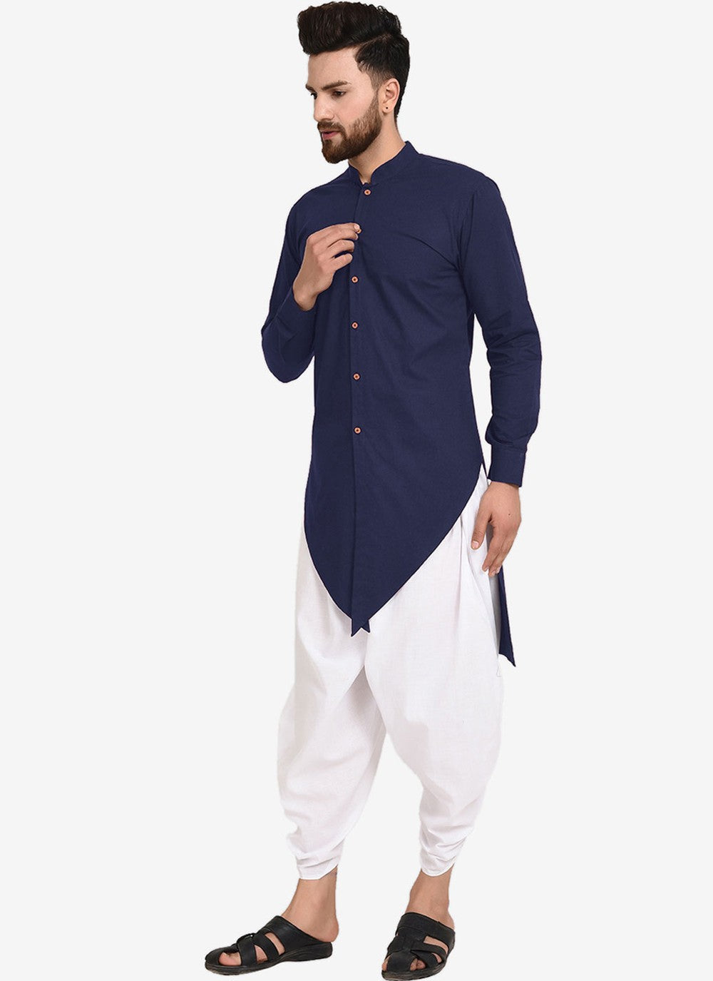 Plain Blended Cotton Navy Blue Dhoti Kurta - M4467
