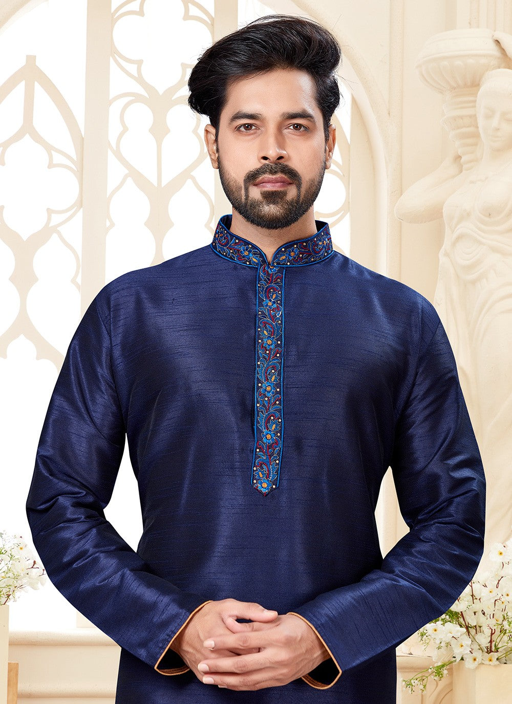 Embroidered Dupion Silk Navy Blue Kurta - M5588