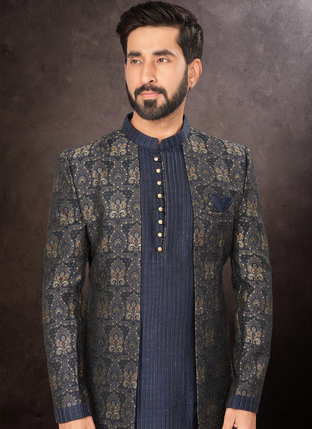 Jacquard Work Jacquard Navy Blue Indo Western - M7230