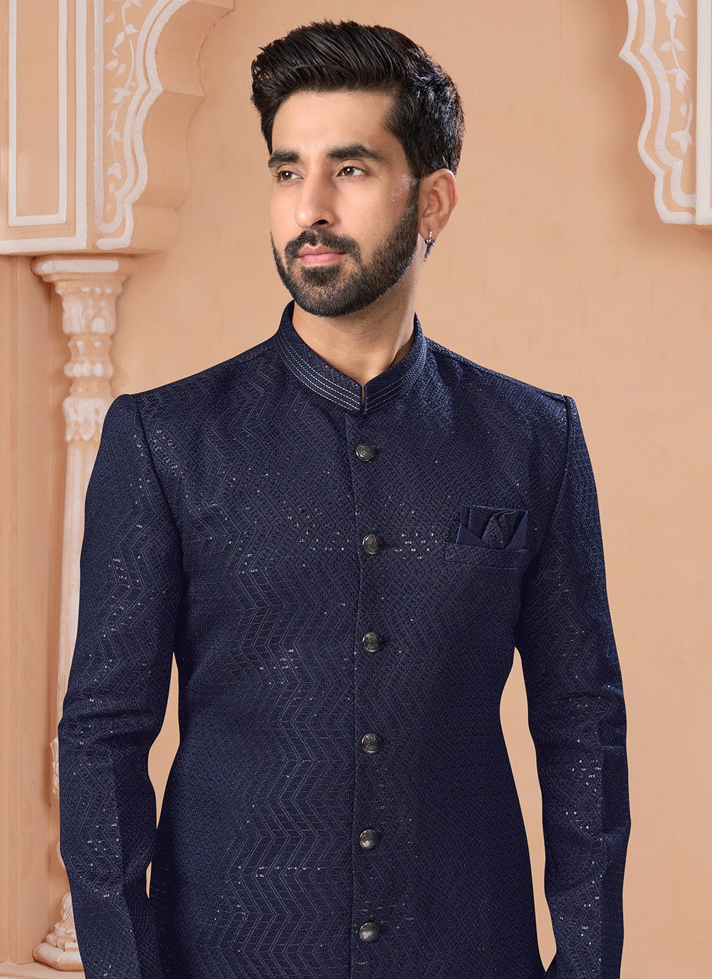 Embroidered Jacquard Navy Blue Indo Western Sherwani - M7159
