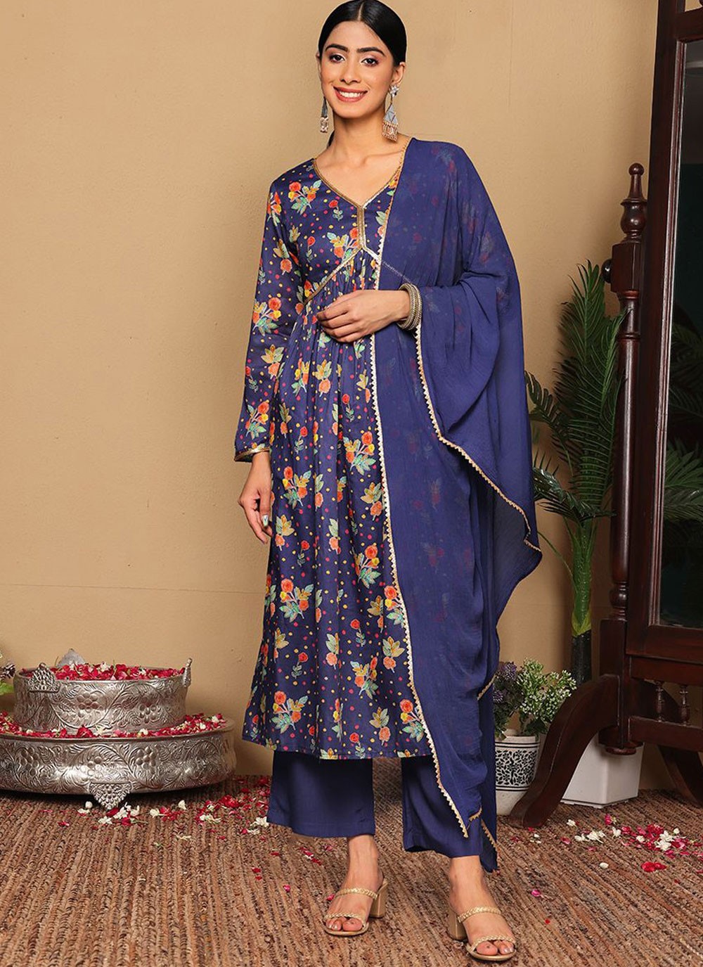 Pant Style Suit Printed Navy Blue Cotton T5652
