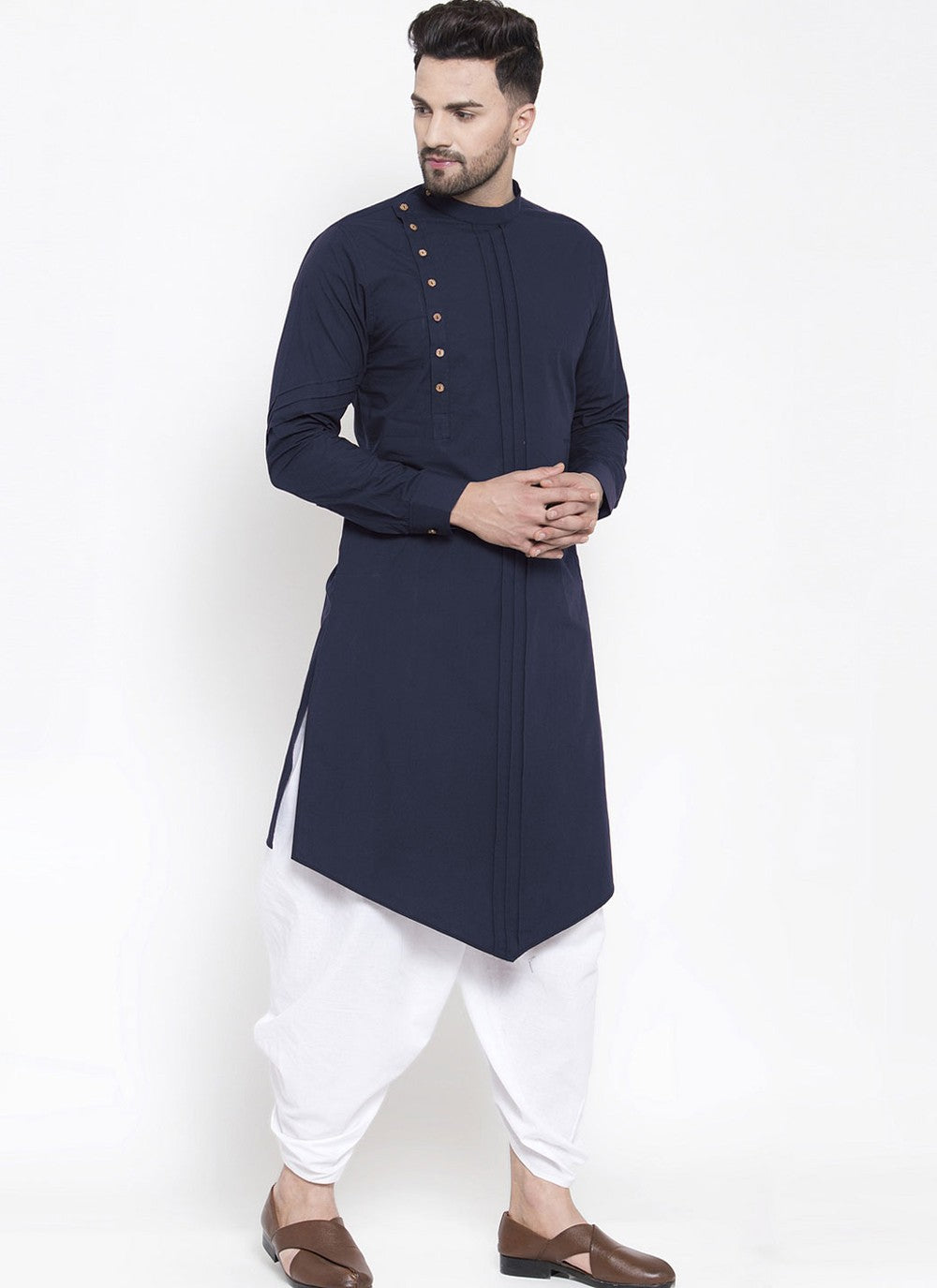 Plain Blended Cotton Navy Blue Dhoti Kurta - M4486