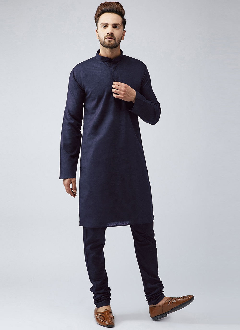 Plain Blended Cotton Navy Blue Kurta - M4558