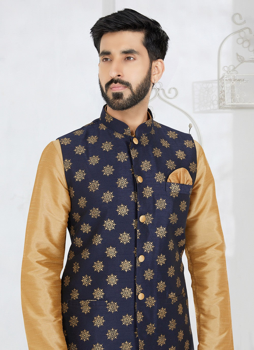 Printed Banarasi Silk Navy Blue Nehru Jackets - M7483