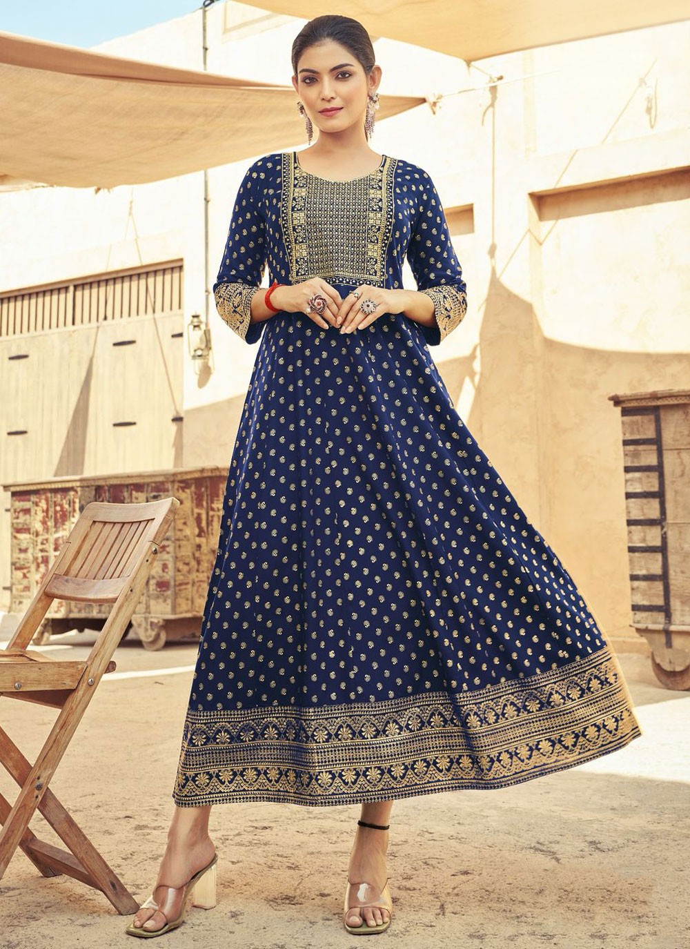 Embroidered Rayon Navy Blue Gown G19838