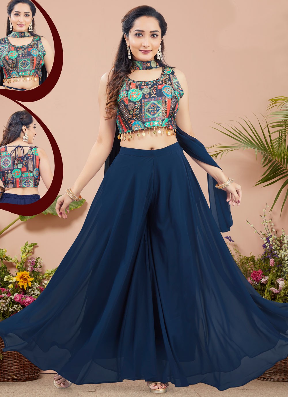 Palazzo Suit Fancy Work, Mirror, Printed, Thread Navy Blue T6707