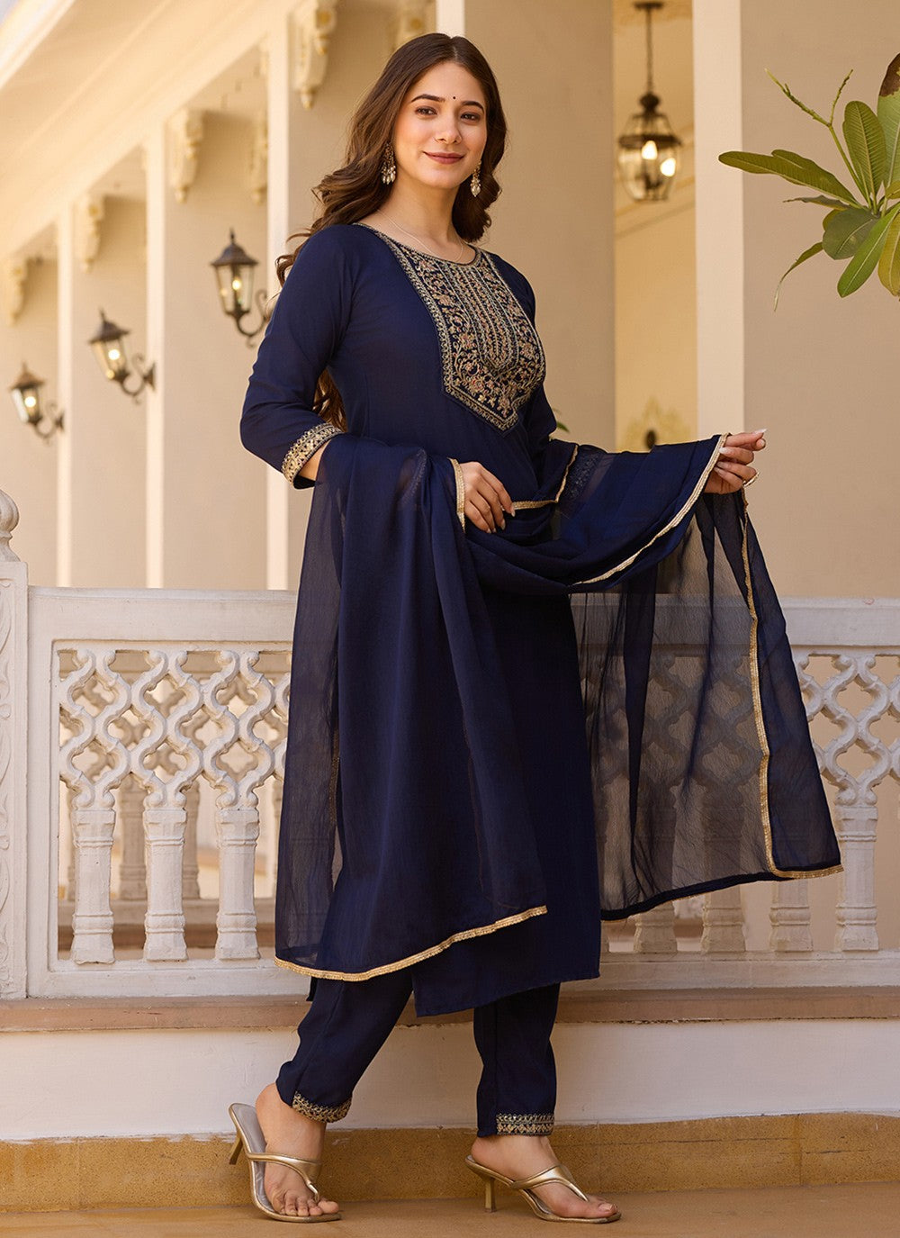 Pant Style Suit Embroidered Navy Blue T6993