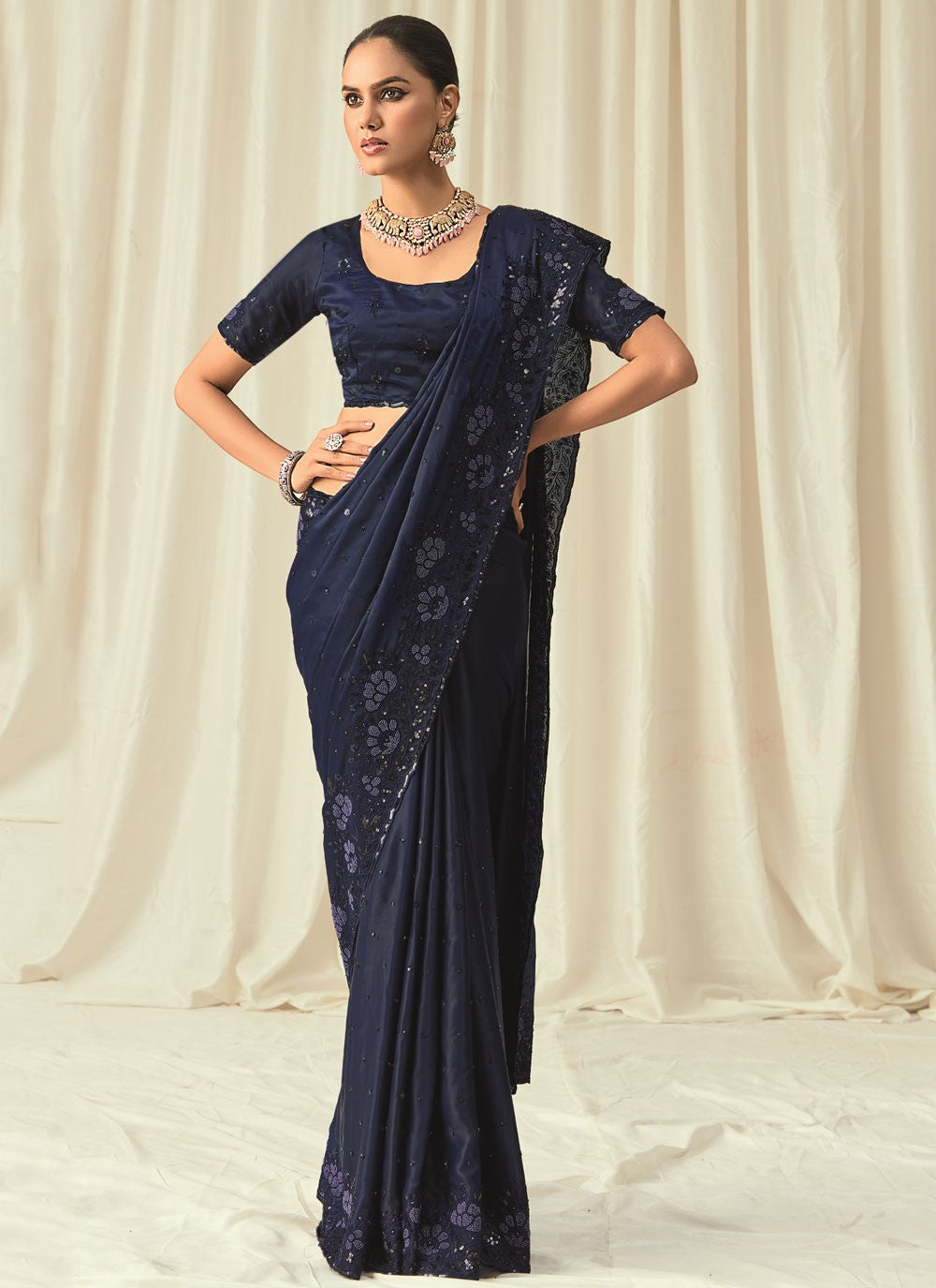 Navy Blue Satin Classic Saree Beads, Embroidered, Floral Printed, Sequins, Thread S18816