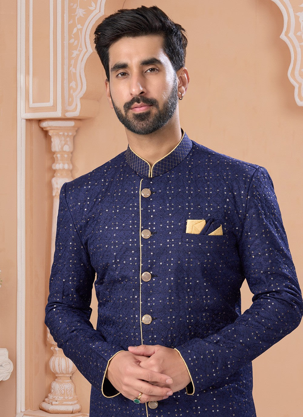 Embroidered Banglori Silk Navy Blue Indo Western Sherwani - M6901
