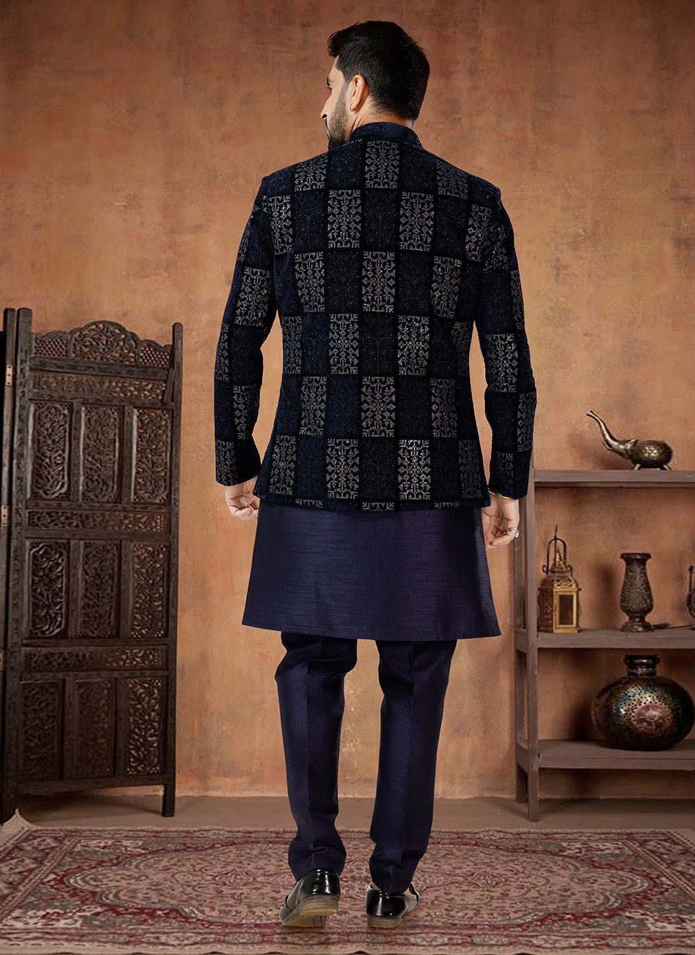Embroidered Silk, Velvet Navy Blue Indo Western - M7018