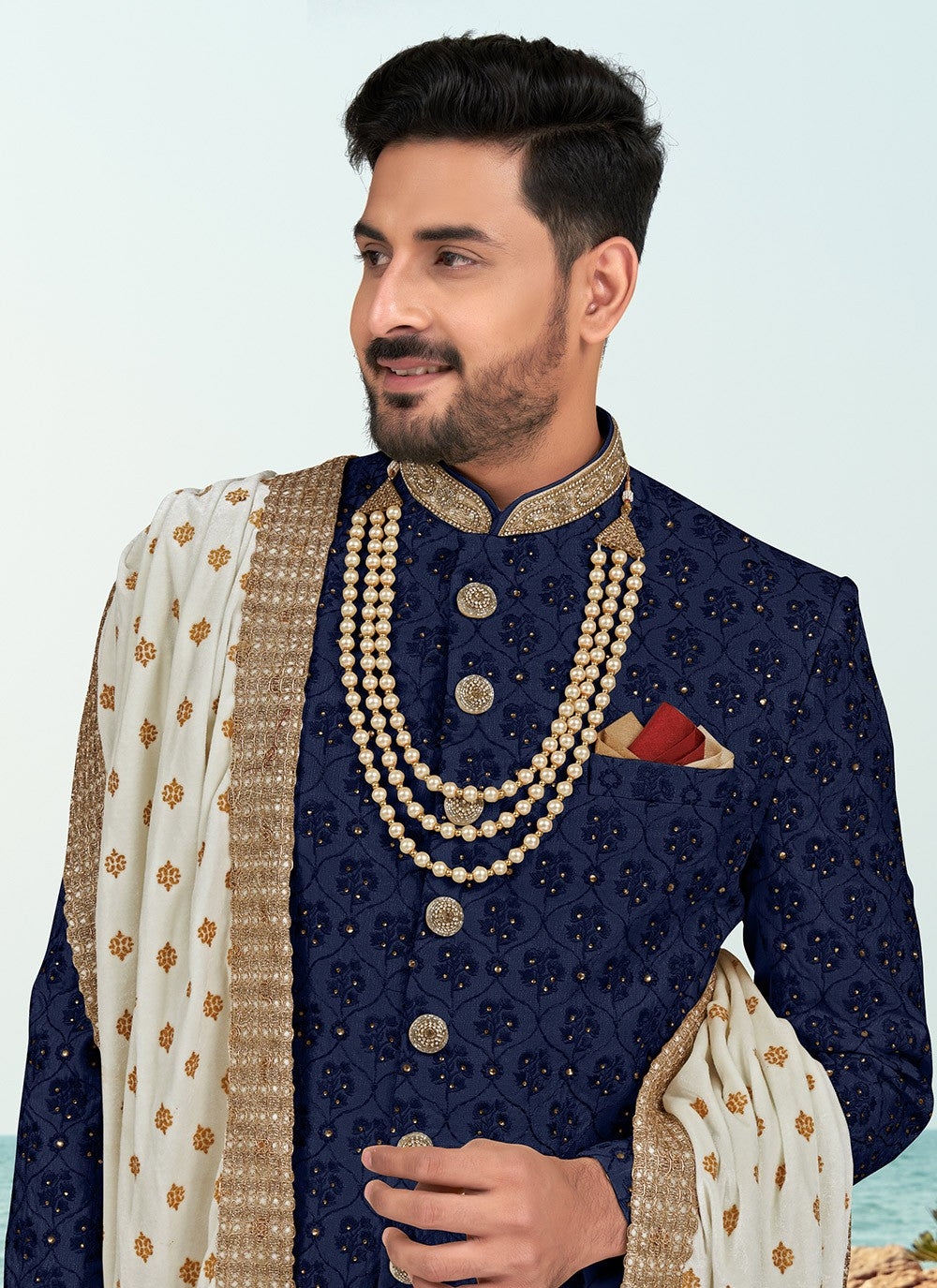 Hand Embroidery Silk Navy Blue Sherwani - M6798
