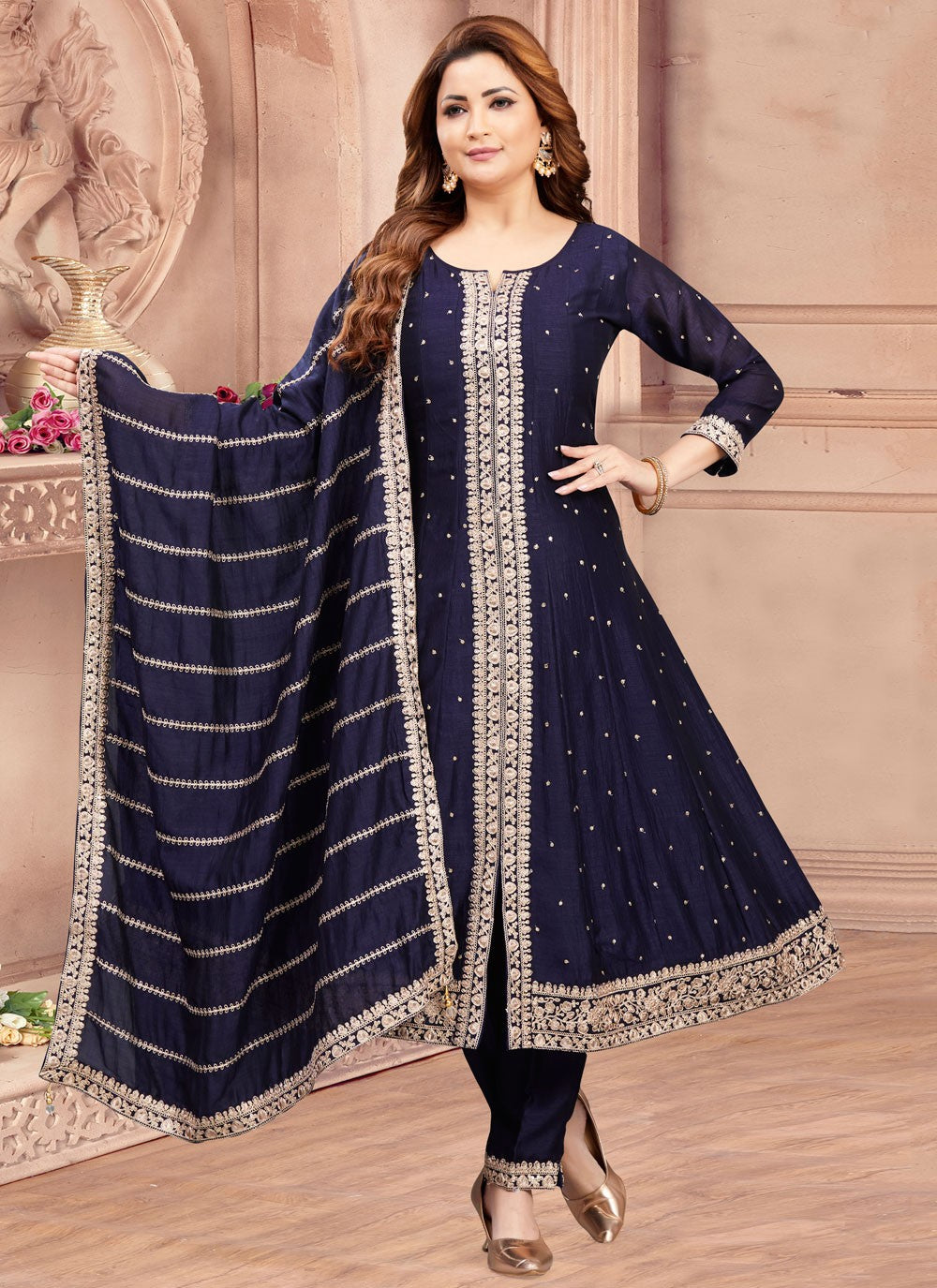 Salwar Suit Weaving Zari Navy Blue Silk T5244