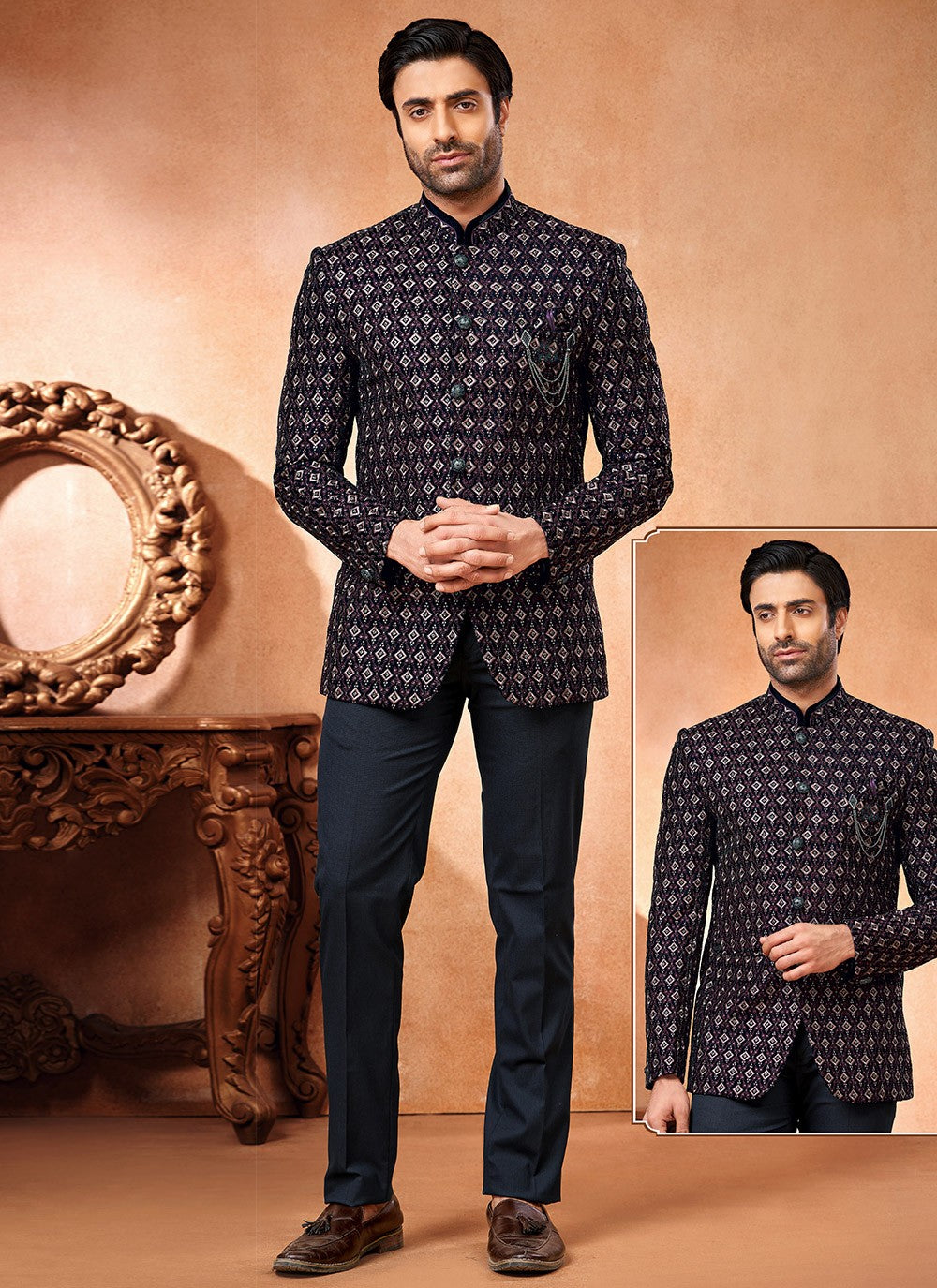 Embroidered Velvet Navy Blue Jodhpuri Jacket - M6655