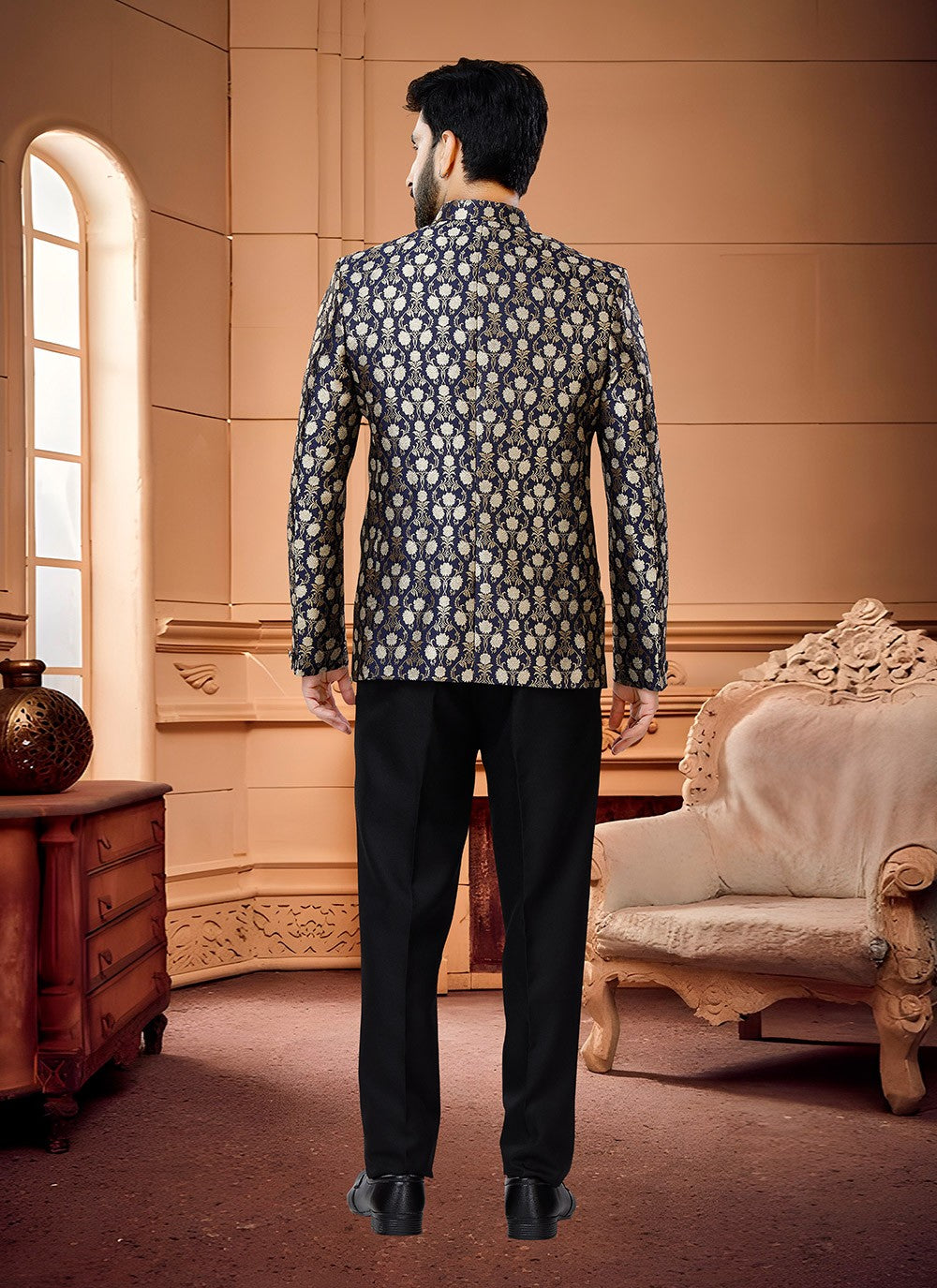 Fancy Work Jacquard Navy Blue Jodhpuri Suit - M4345