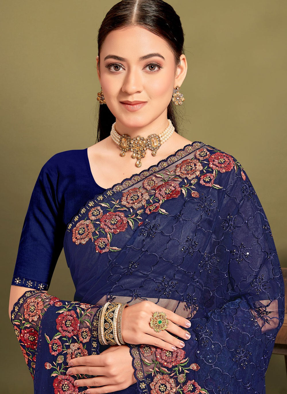 Cut Work Net Navy Blue Saree S14463