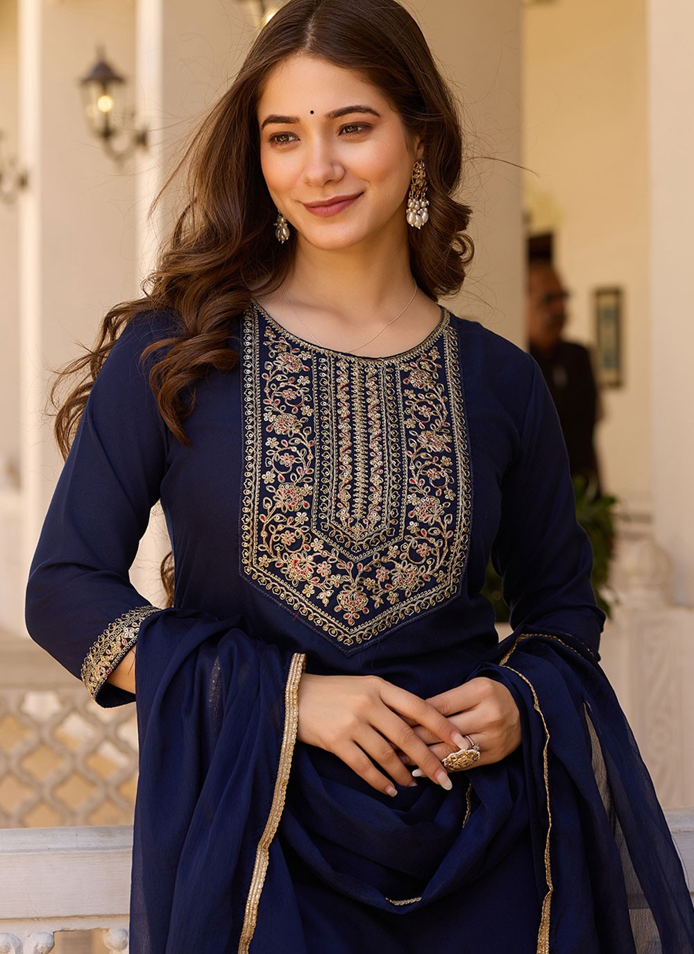 Embroidered Rayon Navy Blue Pant Style Suit T6395