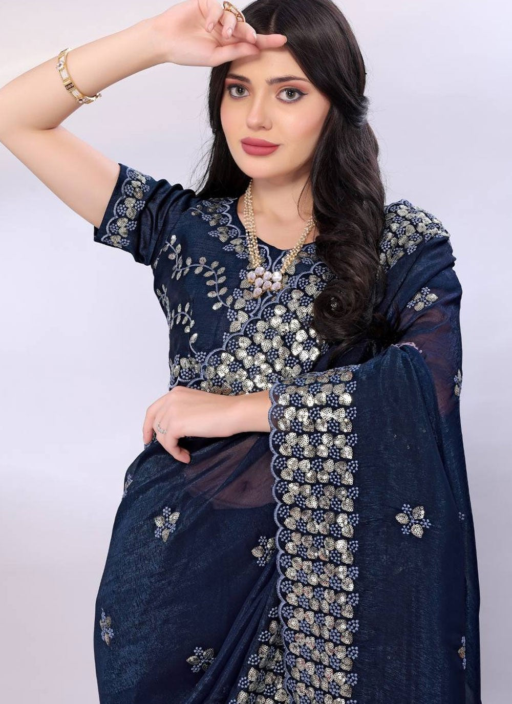 Classic Saree Cut Work Navy Blue Tussar Silk Saree S13726