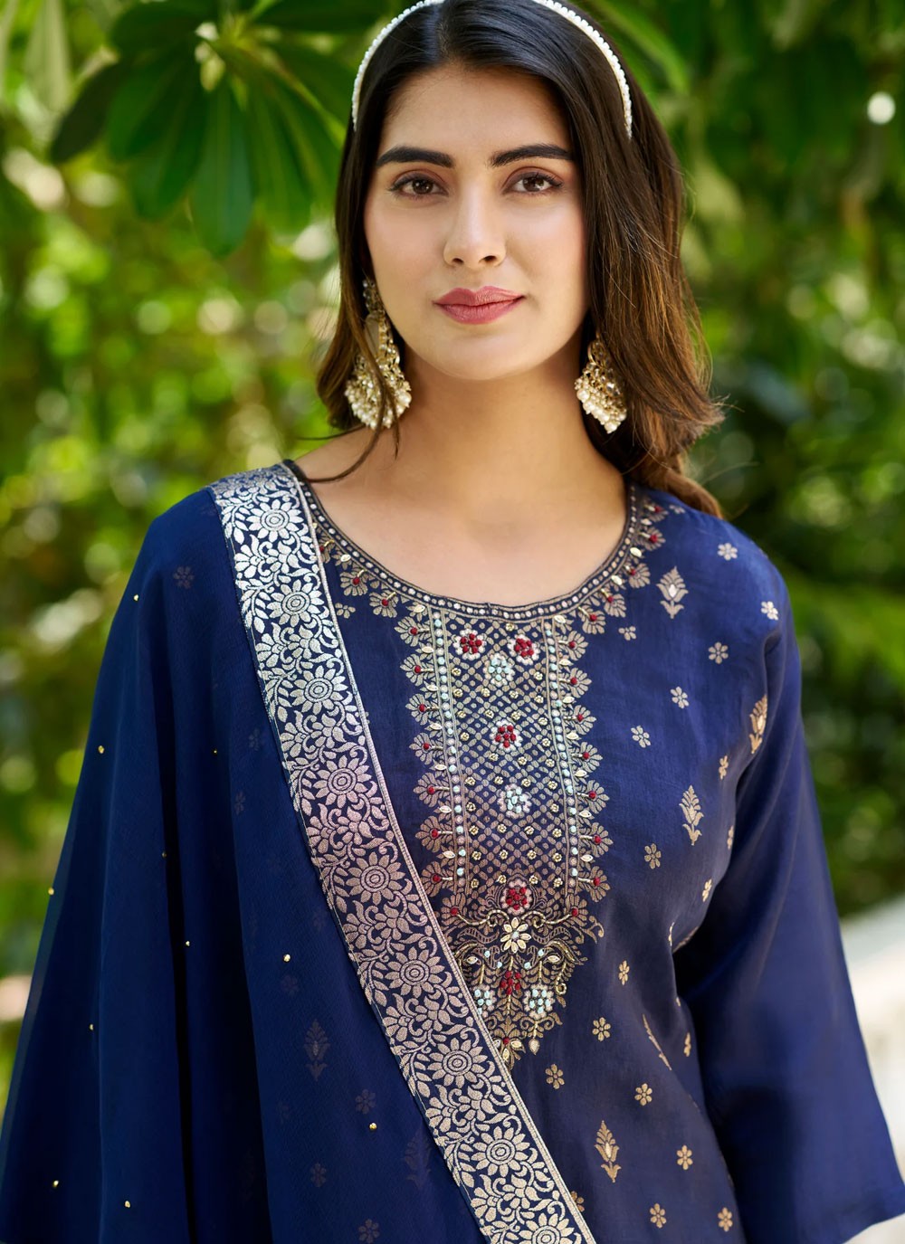 Pant Style Suit Embroidered, Zari Navy Blue T6855