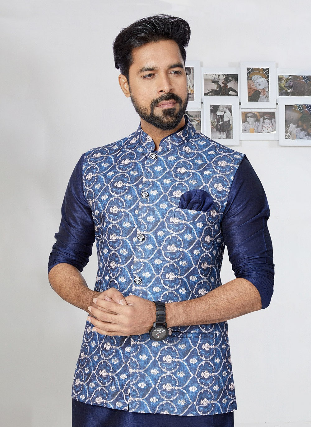 Digital Print Cotton Blue Nehru Jackets - M7405