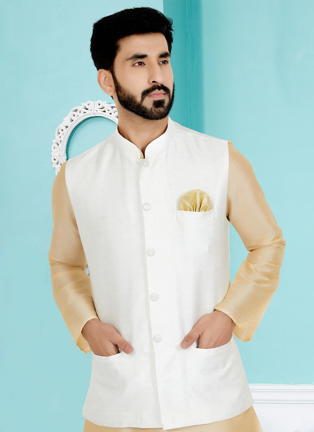 Plain Jacquard White Nehru Jackets - M7506