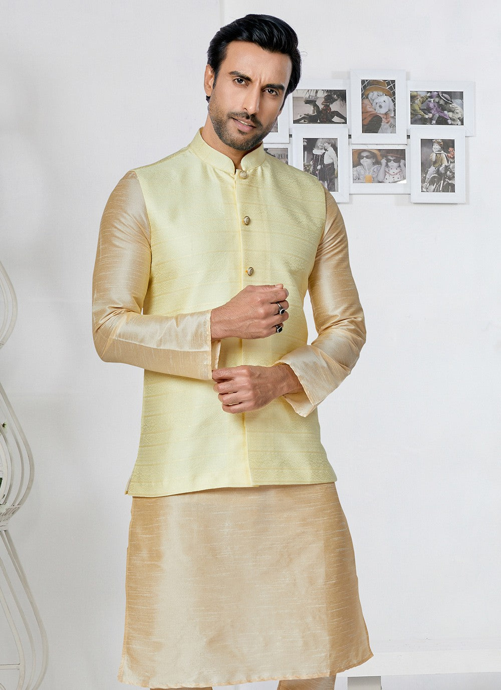 Plain Jacquard Yellow Nehru Jackets - M7508