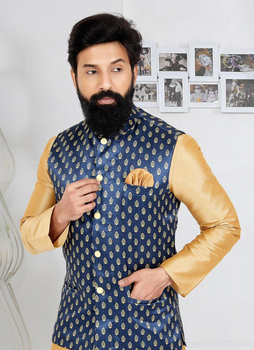 Printed Banarasi Silk Navy Blue Nehru Jackets - M7495