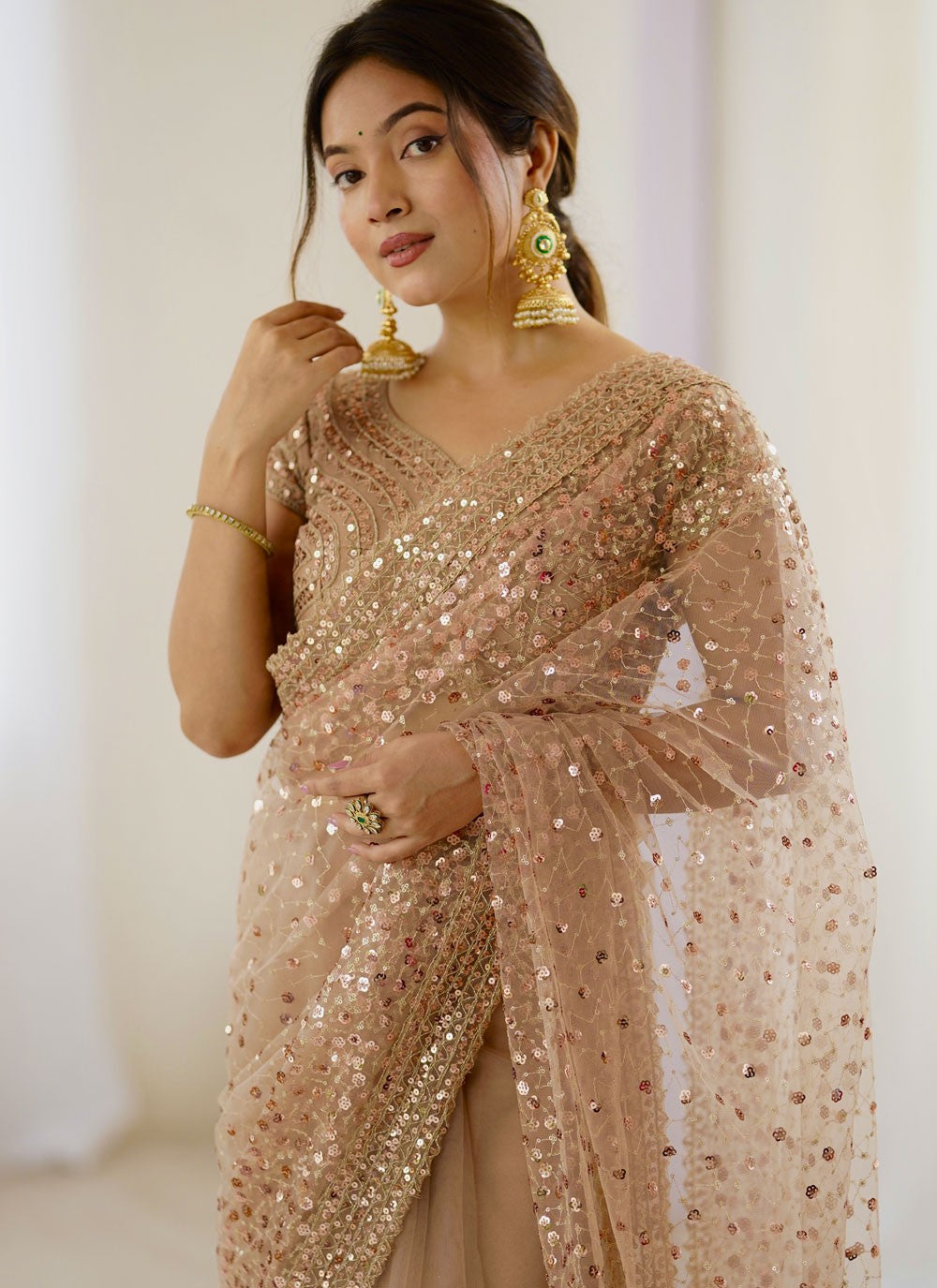 Beige Net Classic Saree Sequins, Thread S16668