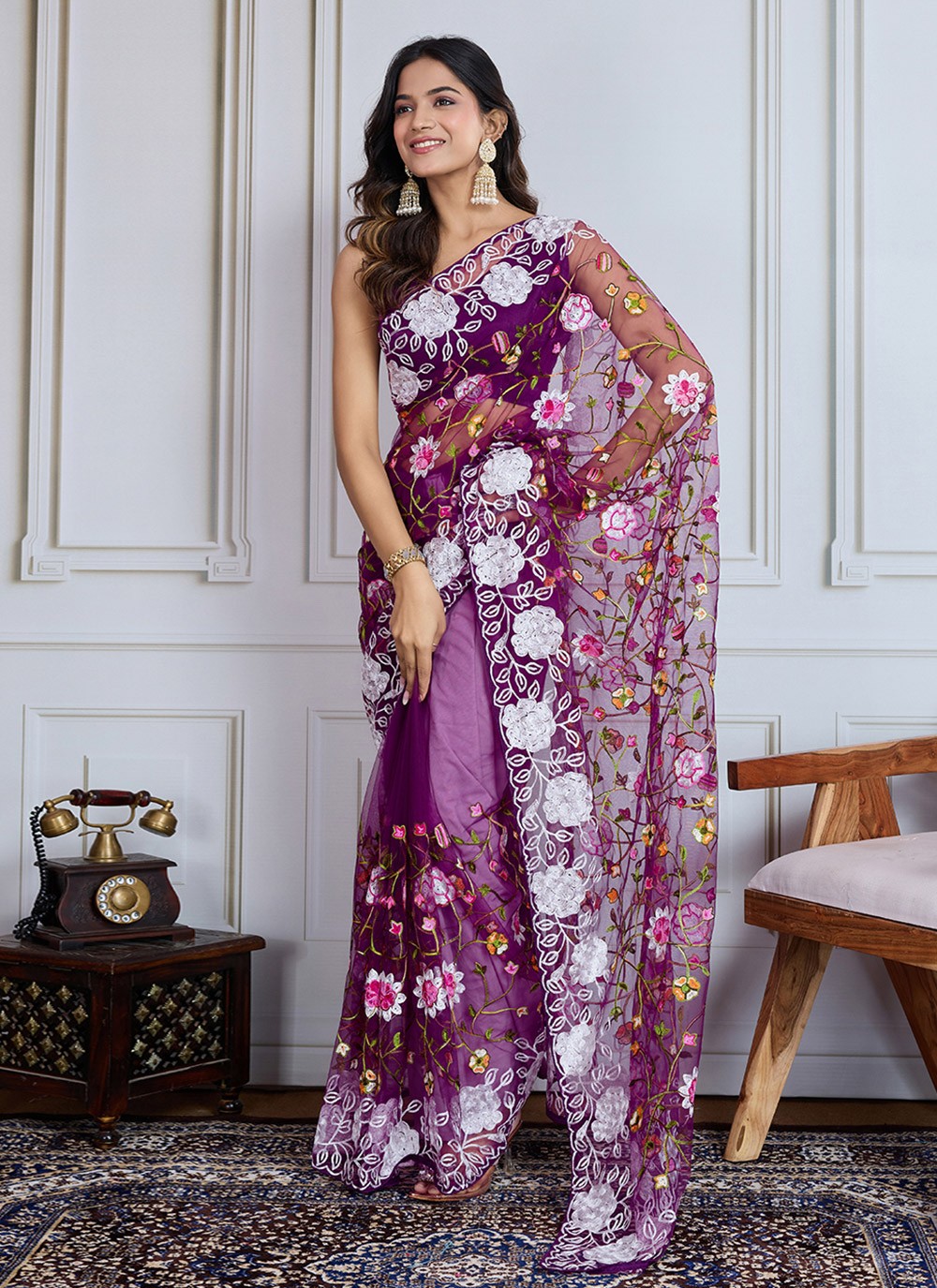 Embroidered Net Purple Contemporary Saree S14984
