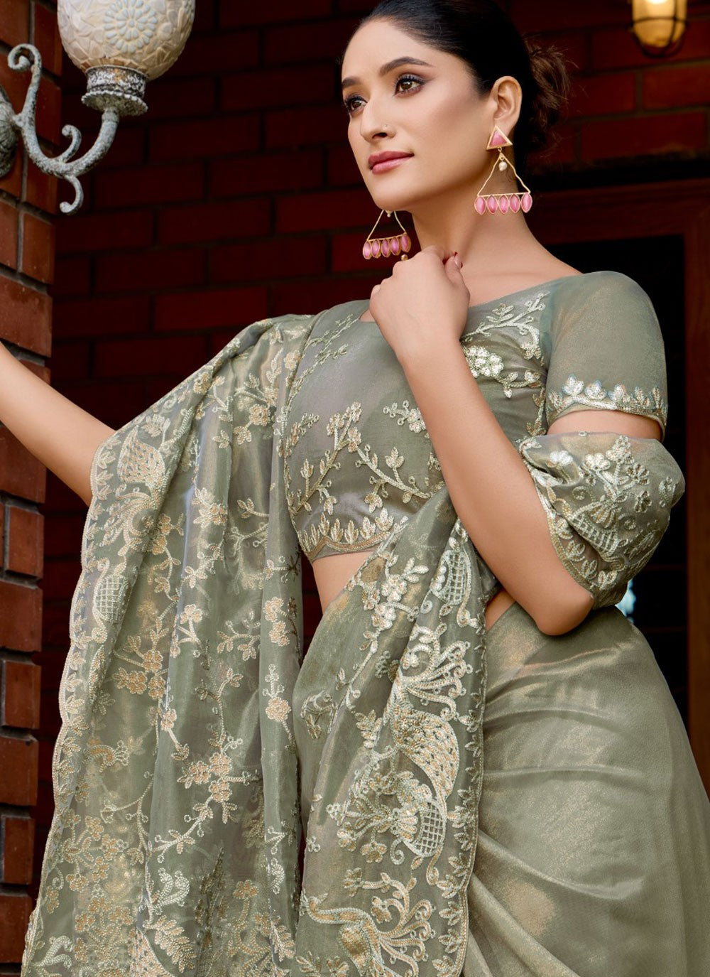 Designer Embroidered Grey Net Saree S13477