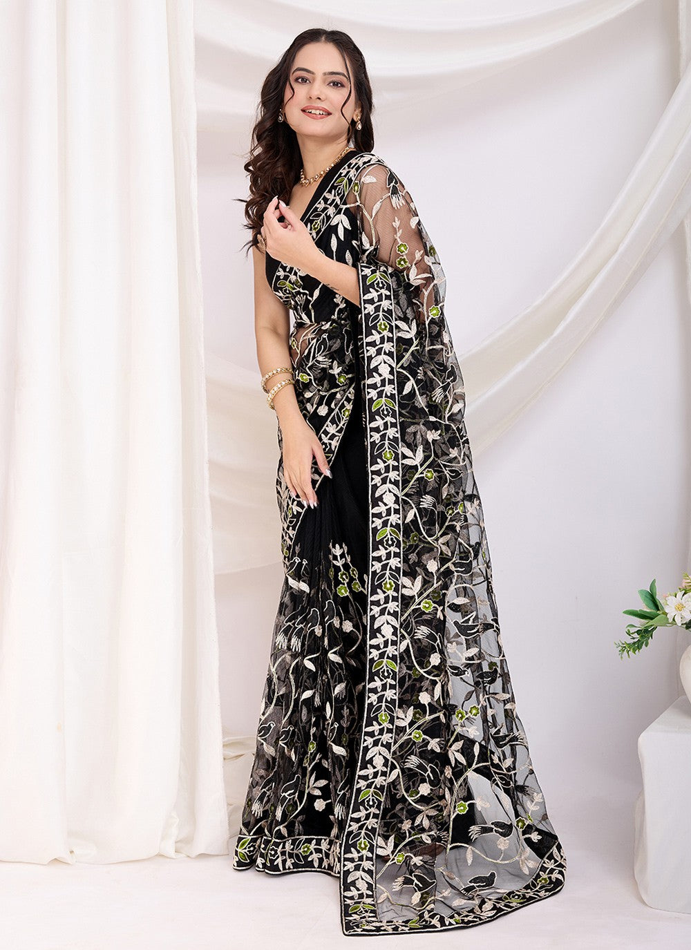 Embroidered Net Black Saree S13800