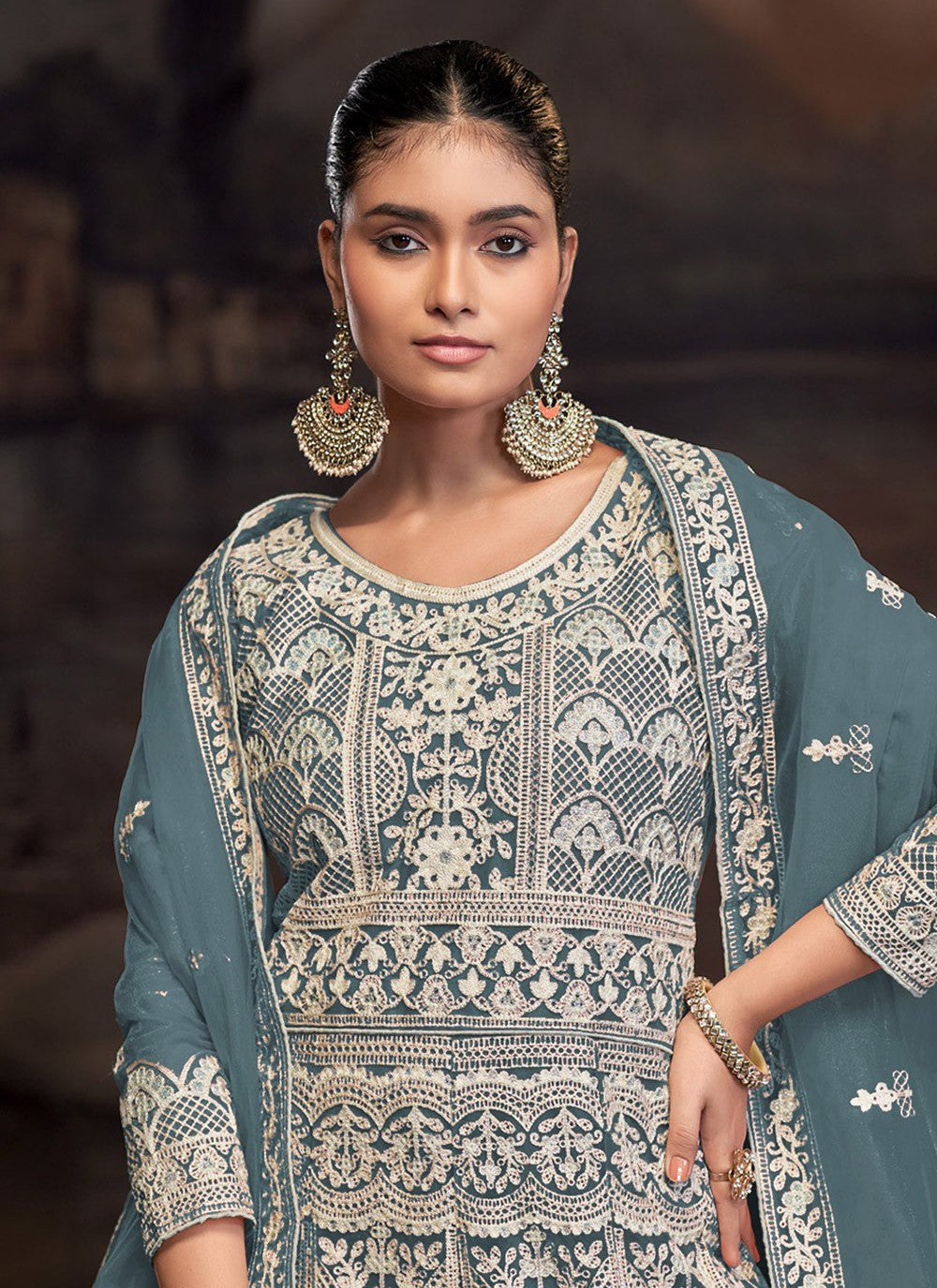 Anarkali Embroidered Aqua Blue T7009