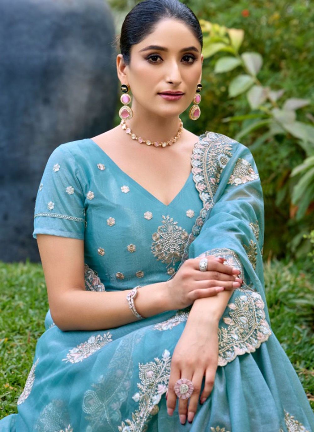 Traditional Cut Work Firozi Net Saree S13451